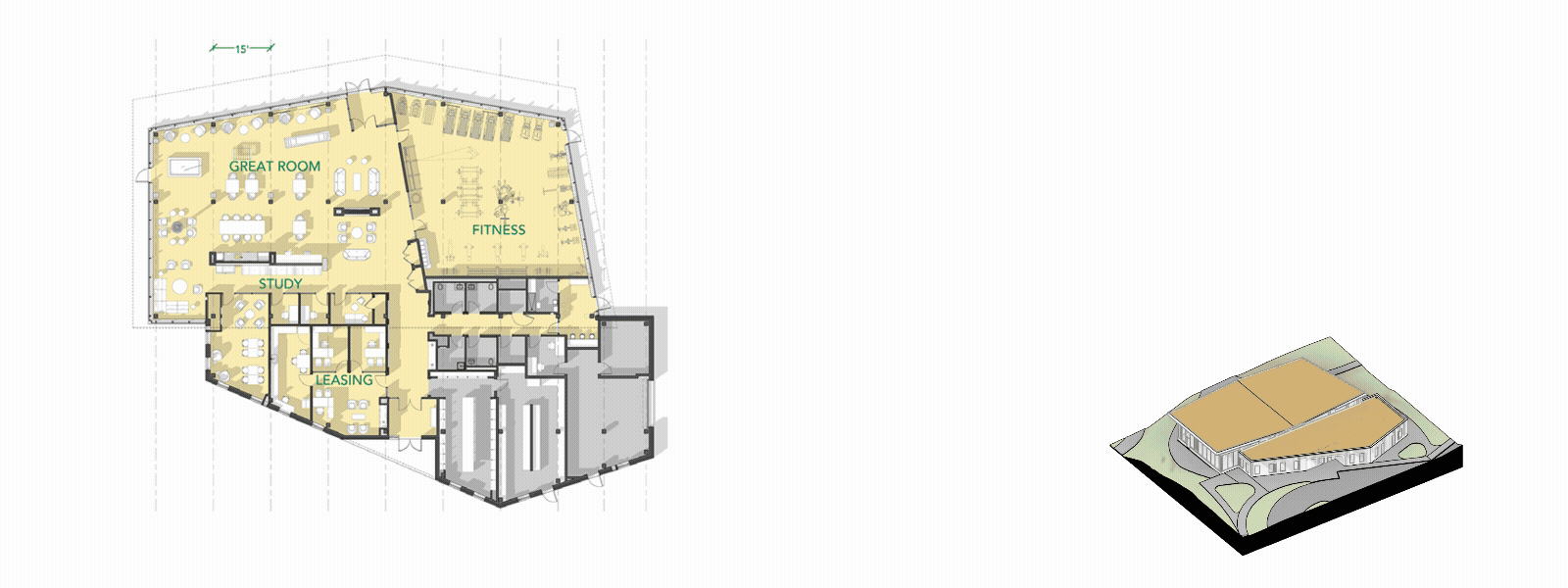 Floor plan and exploded axon for Cornell