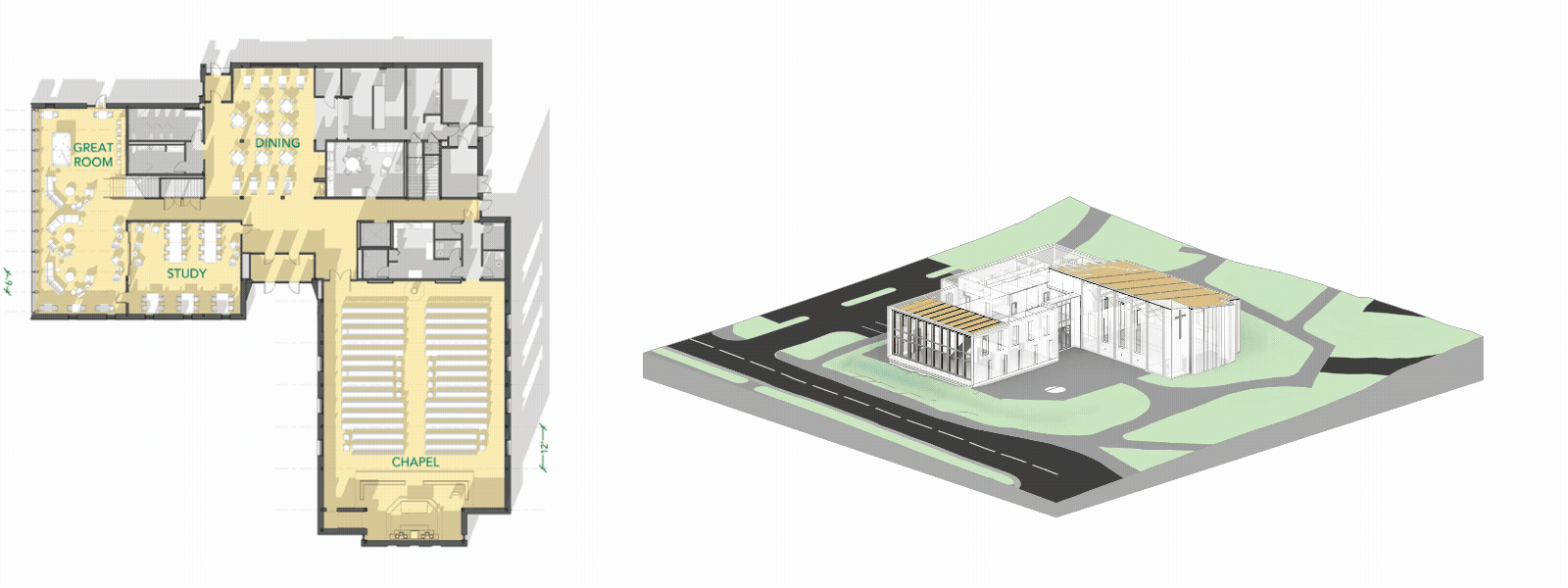 Floor plan and exploded axon for UMass Amherst, Newman Center
