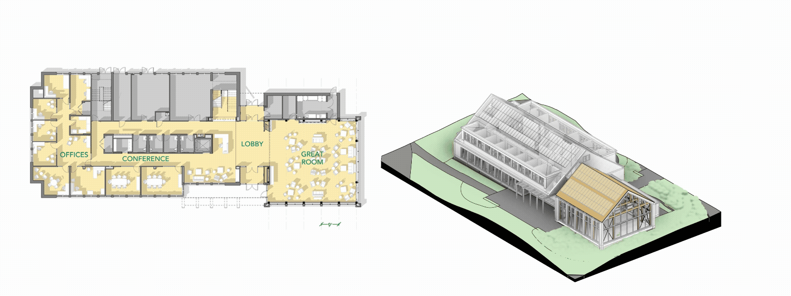 Floor plan and exploded axon for St. Paul's Fleischner Family Admissions Center