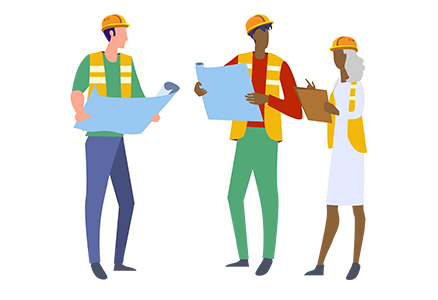 A drawing of three people wearing safety gear consulting blueprints